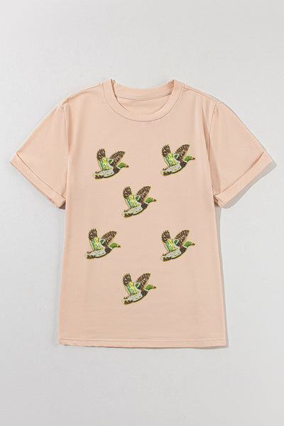 Women's Embellished Mallard Sequin Graphic Tee in Sand Khaki