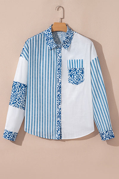 Women's Sky Blue Cotton Striped Leopard Patchwork Blouse