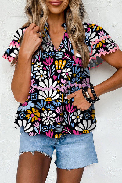 Women's Summer Blue Floral Blouse with Notched Neck, Short Sleeve, and Ricrac Trim - Chic and Comfortable Fit
