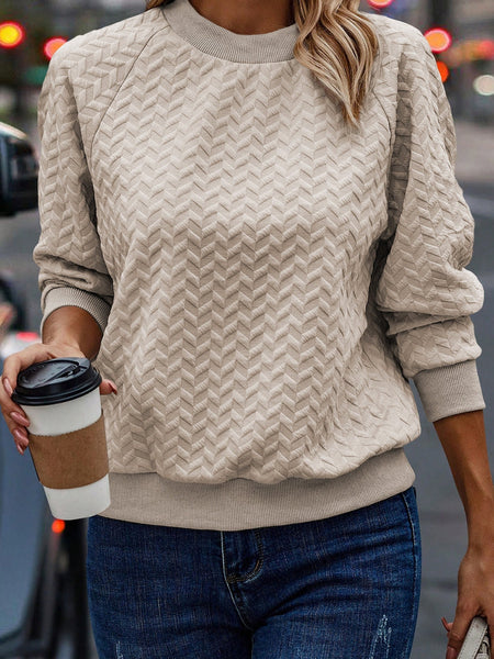 Cozy Beige Quilted Texture Pullover with Raglan Sleeves