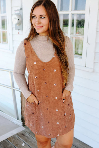 Women's Gold Flame Flower Embroidered Mini Dress - Stylish Corduroy Overall with Adjustable Straps and Trendy Fit