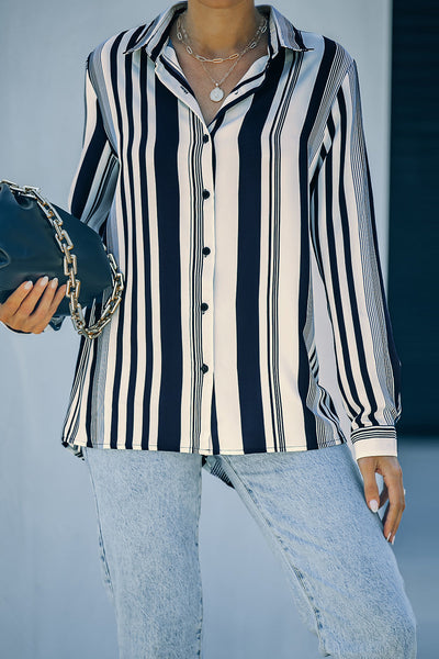 Chic Women's White and Navy Striped Shirt - Comfortable Fit for Effortless Everyday Style and Casual Elegance