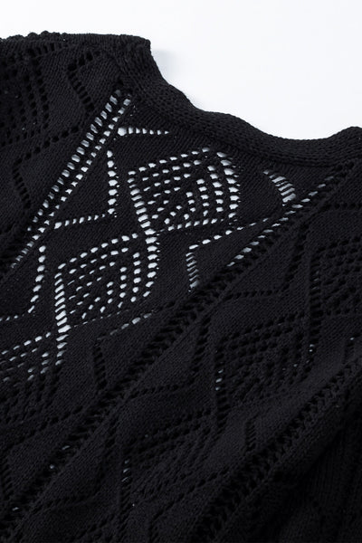 Chic Women's Black Hollow-Out Knit Cardigan for Stylish Layering - Lightweight, Openwork Design, Perfect for All Seasons