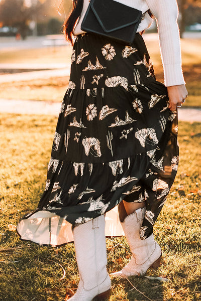 Women's Black Western Print Tiered Ruffled High Waist Maxi Skirt