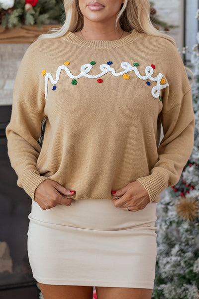 Women's Camel 'Merry' Embroidered Knit Christmas Sweater