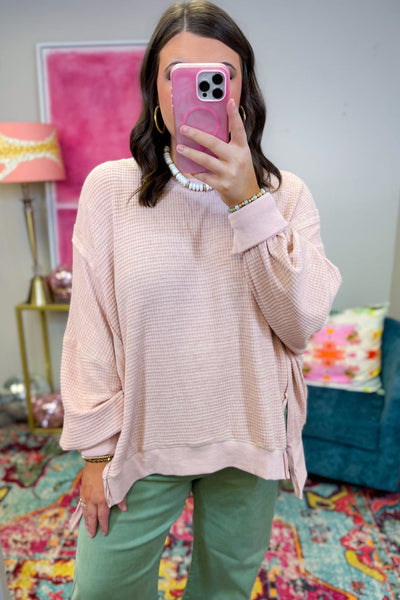 Plus Size Light Pink Waffle Knit Jumper for Women with Drop Shoulders and Side Slits - Chic and Comfy Style