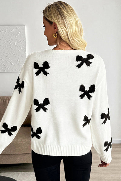Women's Intarsia Bow Tie-Front Cardigan in Ivory and Black made for easy styling and wardrobe coordination, with premium-like structure and finish.