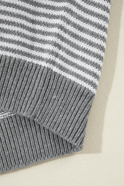 Cozy Women's Gray Striped Drop Shoulder Sweater with Geometric Texture for Effortless Casual Style