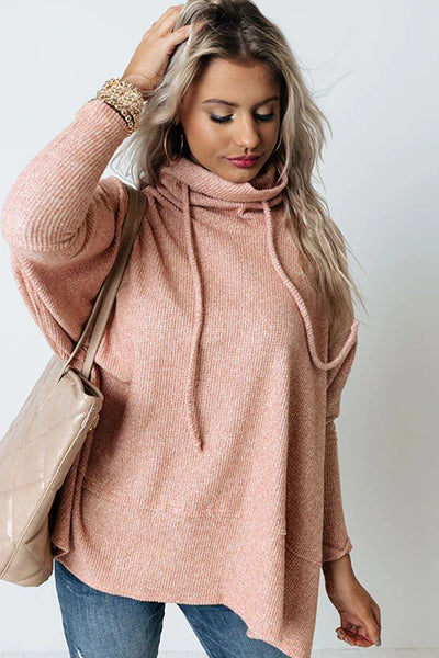 Stylish Apricot Pink Oversized Cowl Neck Knit Top for Women with Side Slits and Cozy Drawstring Detail
