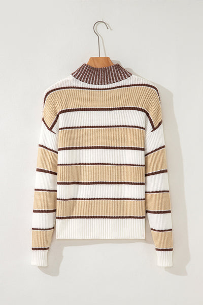 Women's Khaki Stripe Half-Zip Sweater with Drop Shoulder
