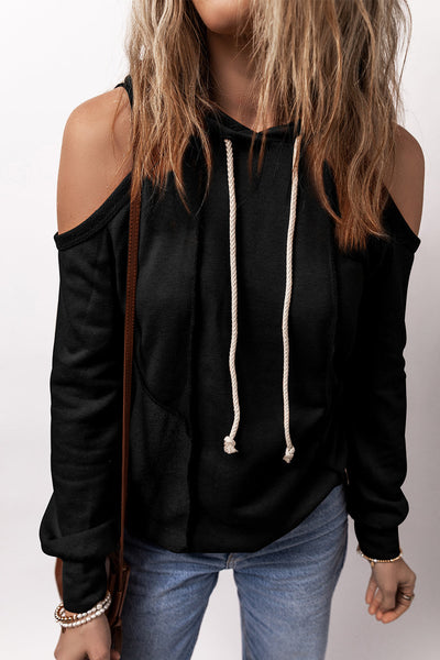 Trendy Women's Black Cold Shoulder Hoodie with Exposed Seams & Adjustable Drawstring for Casual Chic Comfort