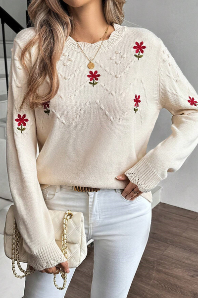 Chic Women's Beige Floral Embroidered Pullover Sweater with Textured Details for Cozy Comfort and Everyday Style
