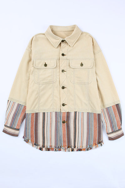 Cozy Women's Color Block Striped Corduroy Jacket with Button-Up Front and Pockets - Perfect Fall Outerwear made for easy styling and wardrobe
