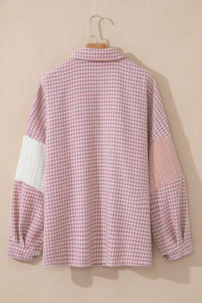 Trendy Women's Pink Houndstooth Patchwork Shacket - Relaxed Fit for Effortless Casual Chic Style