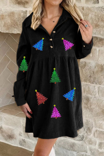 Women's Sequin Christmas Tree Corduroy Babydoll Mini Dress