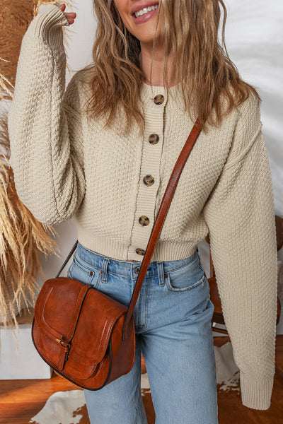 Stylish Women's Beige Cropped Cardigan Sweater - Cozy Button-Up Fit Perfect for Fall and Winter Layering