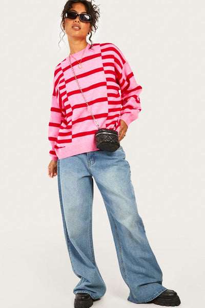 Chic Women's Pink Striped Bubble Sleeve Sweater with Drop Shoulders & Ribbed Trim for Cozy Style