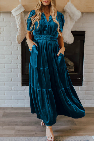 Elegant Deep Blue Velvet T-Shirt Dress for Women, Casual Short Sleeve Fit for Effortless Everyday Style