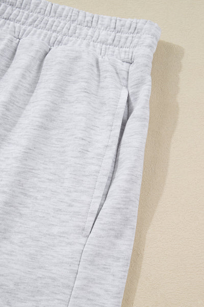 Light Grey Women's Casual 2-Piece Outfit: Bow-Embroidered Puff Sleeve Pullover with Loose-Fit Shorts