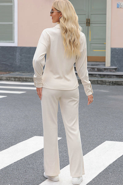 Women's Beige Ribbed Knit Two-Piece Polo Set and Wide-Leg Pants with practical styling and dependable silhouette control.