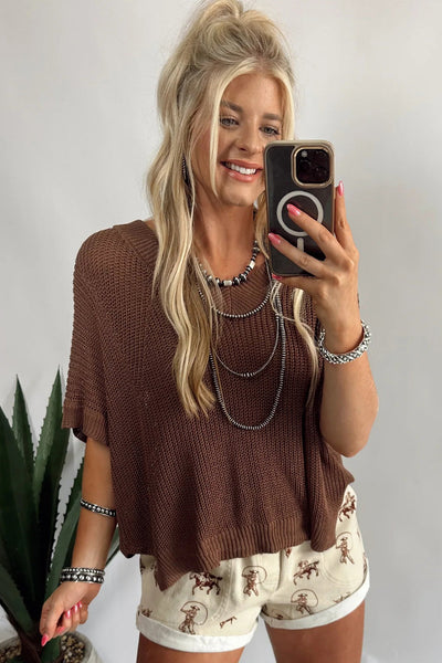Cozy Women's Loose Coffee V-Neck Half Sleeve Sweater - Effortless Casual Style for Everyday Comfort