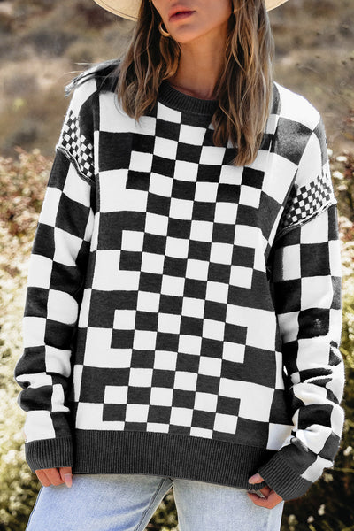 Cozy Women's Black Checkered Drop Shoulder Sweater with Round Neck Chic Knit for Effortless Everyday Style