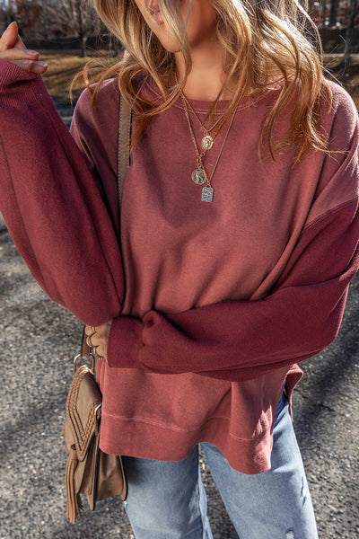 Cozy Women's Mineral Red Two-Tone Patchwork Drop Shoulder Sweatshirt - Effortless Everyday Casual Style