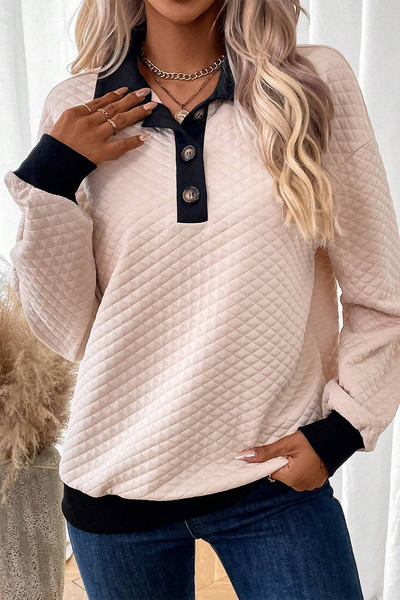 Cozy Women's Oatmeal Colorblock Sweatshirt with Buttoned Collar - Chic Fall Top for Effortless Casual Style