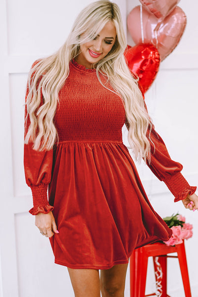 Chic Women‚Äôs Red Clay Velvet Dress with Frilled Neck and Smocked Bodice Ideal for Weddings and Special Events