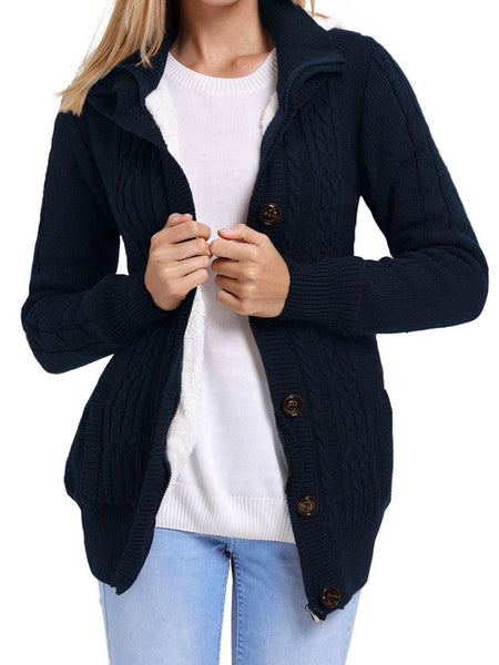 Navy Blue Cable Knit Faux Fur-Lined Hooded Sweater Coat