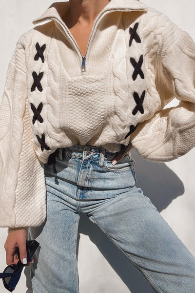 Cozy Women's Cable Knit Half Zip Sweater in Jet Stream Blue with Contrast Detail Relaxed Fit for Ultimate Comfort