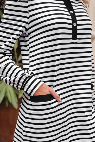 Women's Classic Striped Long Sleeve Polo Shift Dress with Pockets