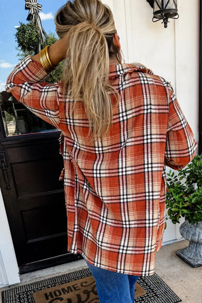 Chic Women's Orange Plaid Shacket with Raw Edge and Open Front for Effortless Fall Layering and Casual Style