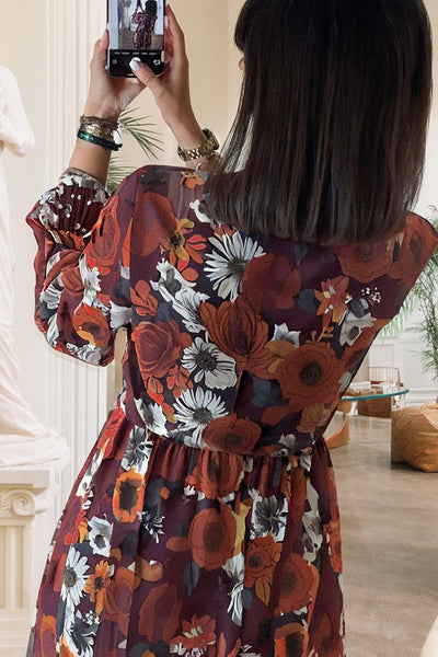 Stylish Women's Red Floral Wrap Mini Dress with Puff Sleeves and Flowy Fit for Effortless Summer Elegance