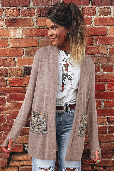 Women's Stylish Dark Khaki Open Front Knit Duster Cardigan with Contrast Pockets - Comfortable and Versatile Outerwear