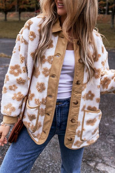 Women's Cozy Casual Light Beige Fleece Jacket with Floral Pattern and Button-Up Design for Effortless Style