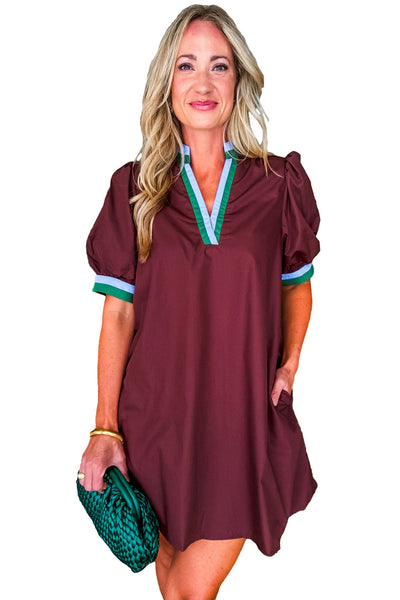 Burgundy Striped Mini Dress for Women - Stylish Puff Sleeves & Notched V-Neck, Ideal for Casual or Dressy Events