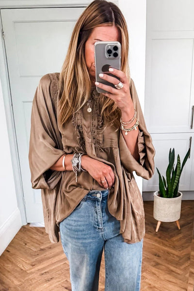 Elegant Women's Dark Khaki Silky Lace Frill Blouse - Long Sleeve Round Neck Top for Chic and Stylish Looks