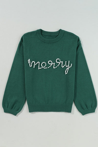 Women's Cozy Blackish Green Pearl Beaded Sweater - Casual Chic Design for Effortless Everyday Style