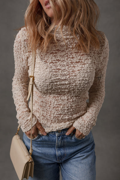 Elegant Blue Women's Lace Textured Slim Fit Mock Neck Long Sleeve Top for Stylish Casual Outfits