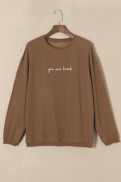 Women's Cozy Khaki "You Are Loved" Graphic Corduroy Sweatshirt - Casual Fit for Effortless Everyday Style