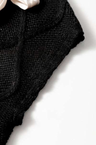 Chic Women's Black Cable Knit Colorblock Sweater with Satin Bow - Short Sleeve Casual Top for Stylish Everyday Looks