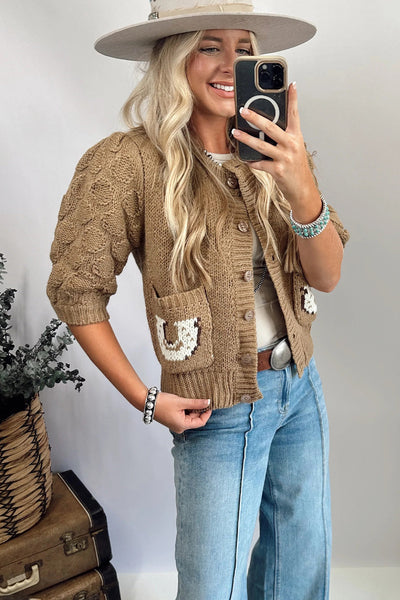 Cozy Women's Elmwood Cardigan with Puff Sleeves, Western Horse Print, Textured Knit, Perfect for Fall Layering