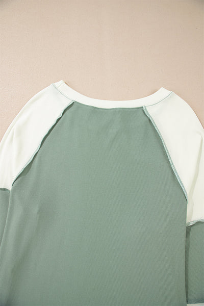 Women's Mint Green Ribbed Colorblock Long Sleeve Top - Trendy Casual Style with Relaxed Fit and Cozy Comfort