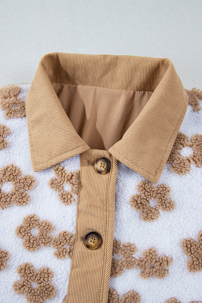 Women's Cozy Casual Light Beige Fleece Jacket with Floral Pattern and Button-Up Design for Effortless Style