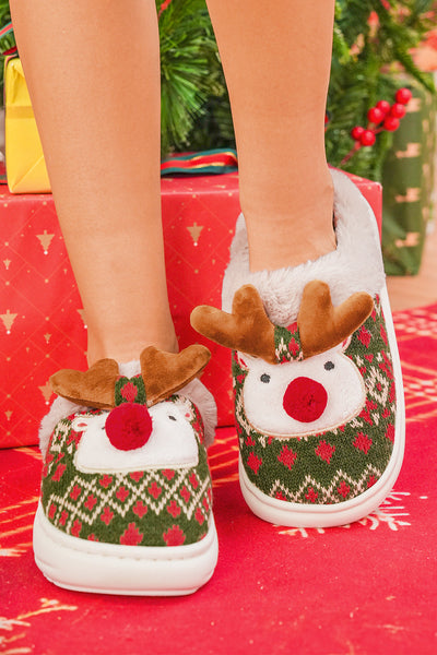 Women's Fern Green Geometric Knit Reindeer Plush Slippers