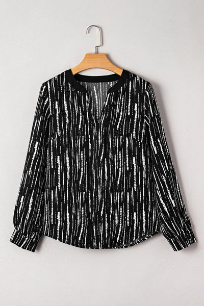 Chic Women's Black Abstract Print V-Neck Blouse - Comfortable Fall Top for Layering & Everyday Style
