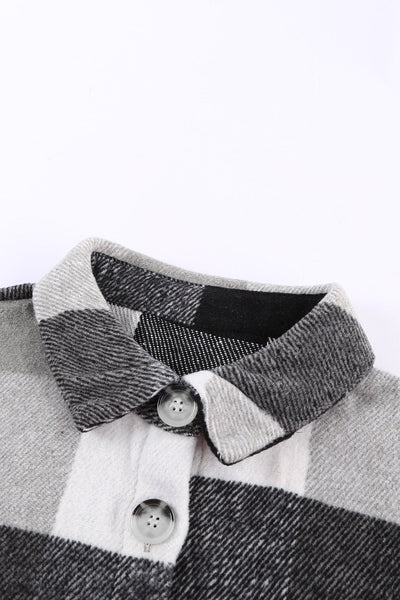 Stylish Women's Gray Plaid Color Block Long Sleeve Jacket with Pockets - Versatile Outerwear for Every Occasion