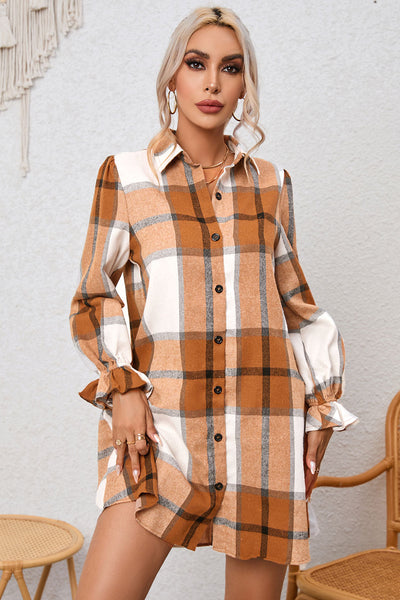 Women's Khaki Plaid Flounce Sleeve Shirt Dress in Cotton Blend