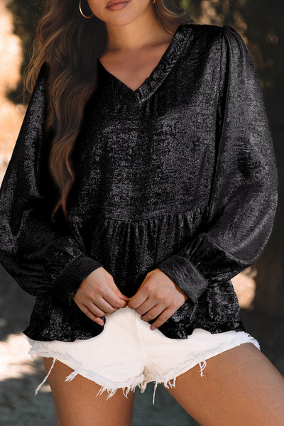 Trendy Women's Black Metallic Frilled V-Neck Babydoll Blouse with Puff Sleeves Chic Style for Every Occasion